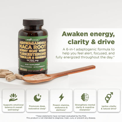 Gade Nutrition Ashwagandha 6-in-1 with Maca, Ginseng & Turkesterone | 90 Veg Capsules | Made in USA