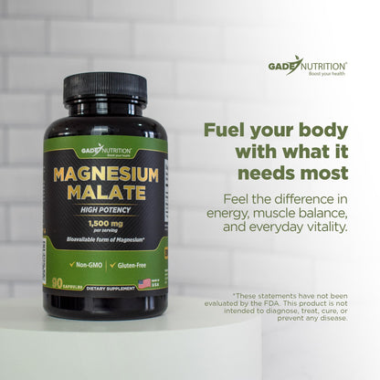 Gade Nutrition Magnesium Supplement as Magnesium Malate | Vegetable Capsules 1,500 mg Made with Calm Magnesium Powder | Magnesium Complex Made in USA