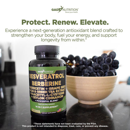 Gade Nutrition 14 in 1 Antioxidant Complex - Resveratrol, Berberine, Quercetin, Grape Seed, Green Tea, NAC, Cinnamon - Made in USA
