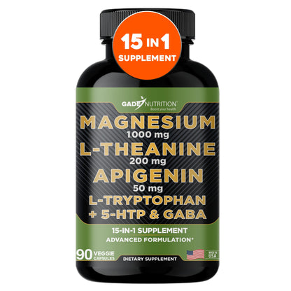 Gade Nutrition Magnesium Glycinate 1000 mg + L-Theanine, Apigenin, 5-HTP & GABA – Sleep Aid & Calm Brain Booster
