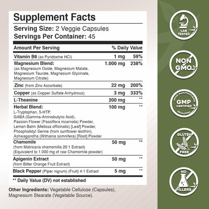Gade Nutrition Magnesium Glycinate 1000 mg + L-Theanine, Apigenin, 5-HTP & GABA – Sleep Aid & Calm Brain Booster