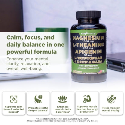 Gade Nutrition Magnesium Glycinate 1000 mg + L-Theanine, Apigenin, 5-HTP & GABA – Sleep Aid & Calm Brain Booster