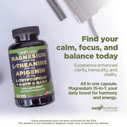 Gade Nutrition Magnesium Glycinate 1000 mg + L-Theanine, Apigenin, 5-HTP & GABA – Sleep Aid & Calm Brain Booster