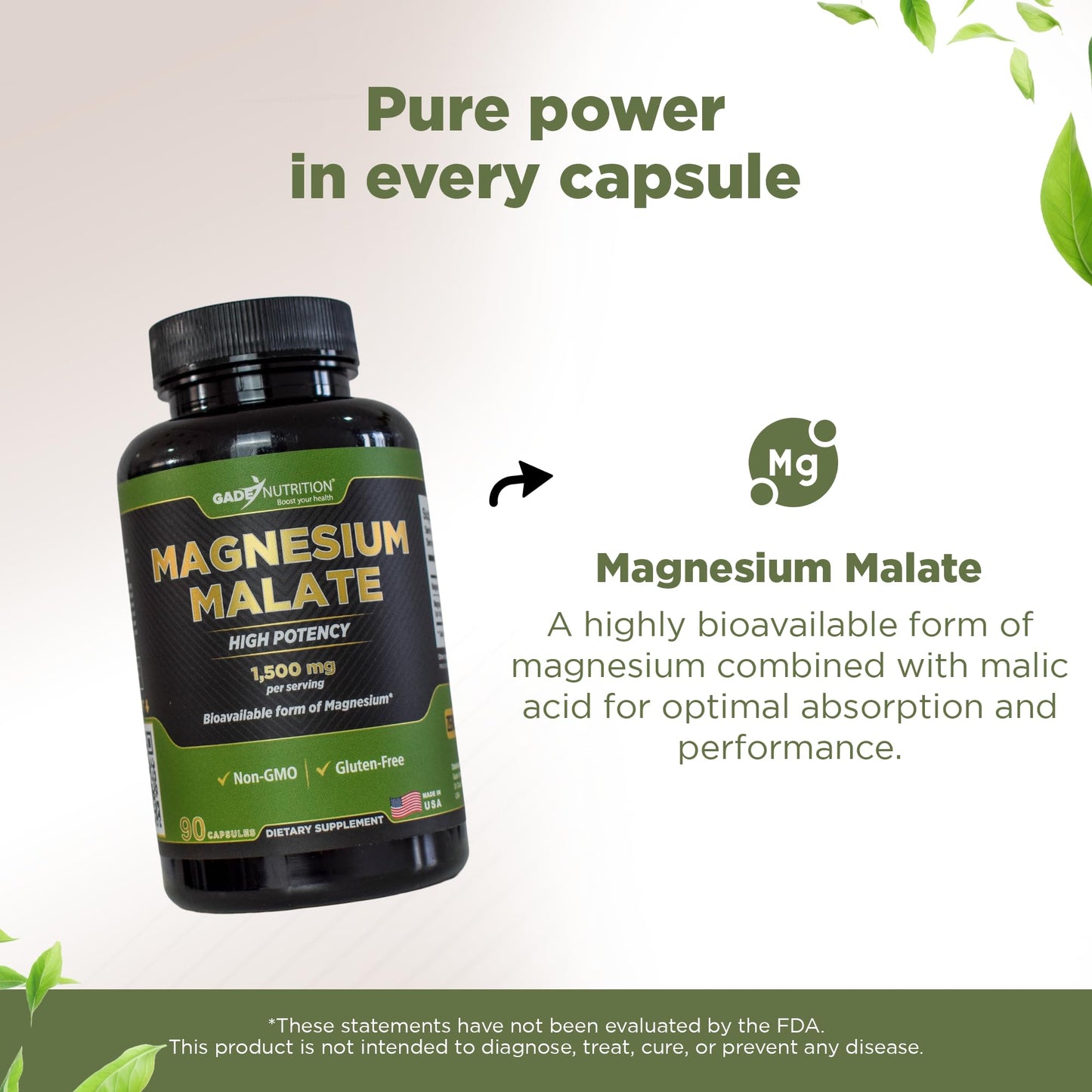 Gade Nutrition Magnesium Supplement as Magnesium Malate | Vegetable Capsules 1,500 mg Made with Calm Magnesium Powder | Magnesium Complex Made in USA
