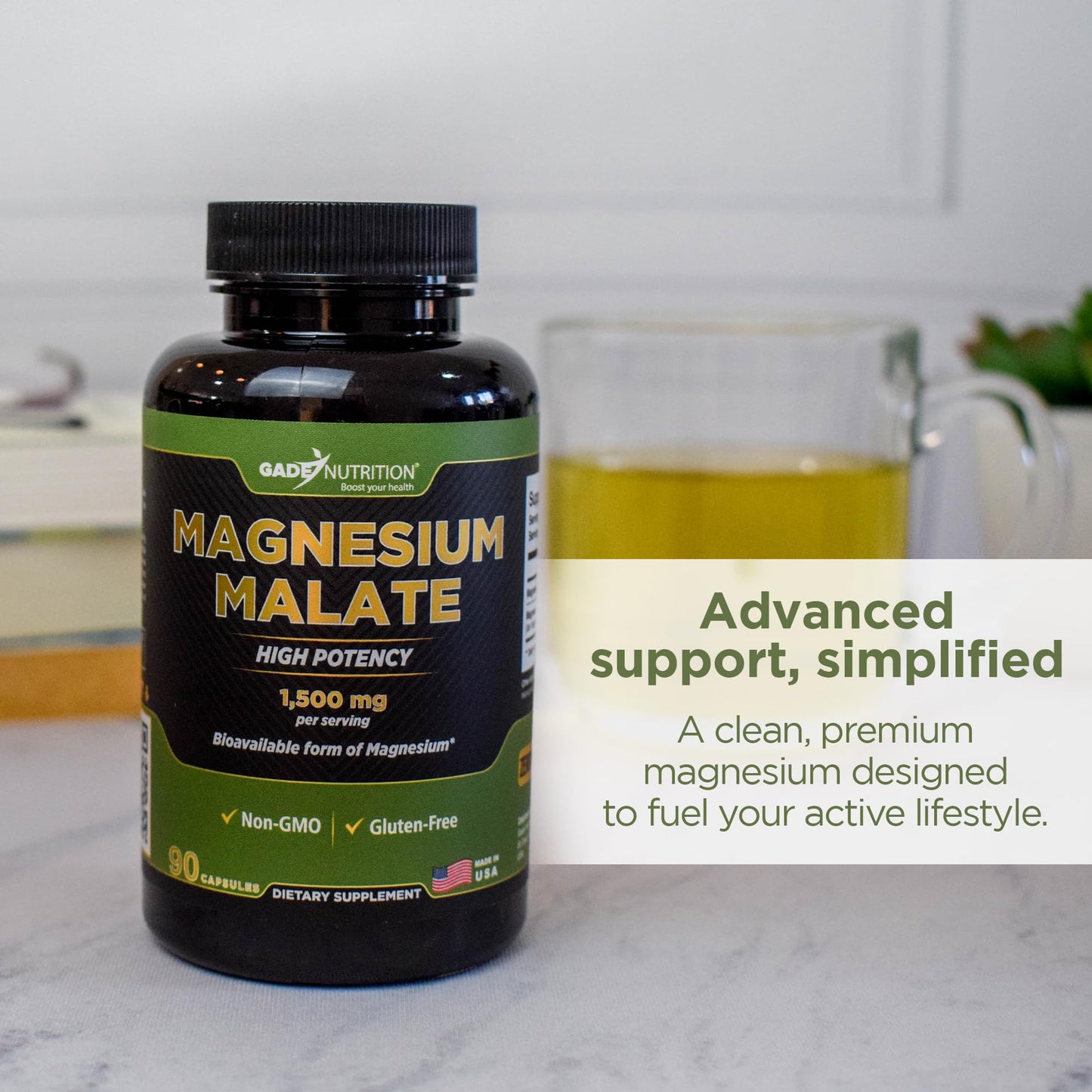 Gade Nutrition Magnesium Supplement as Magnesium Malate | Vegetable Capsules 1,500 mg Made with Calm Magnesium Powder | Magnesium Complex Made in USA