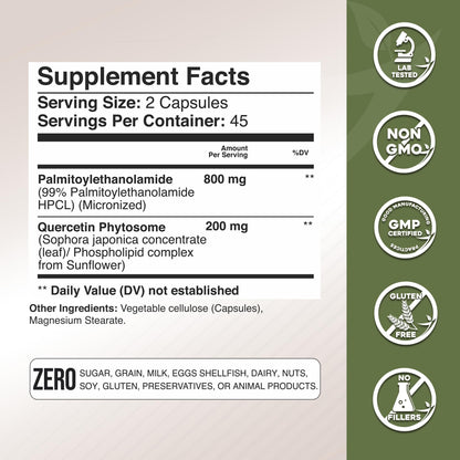 Gade Nutrition Palmitoylethanolamide PEA + Quercetin Phytosome | 800 mg PEA, 200 mg Quercetin | Made in USA