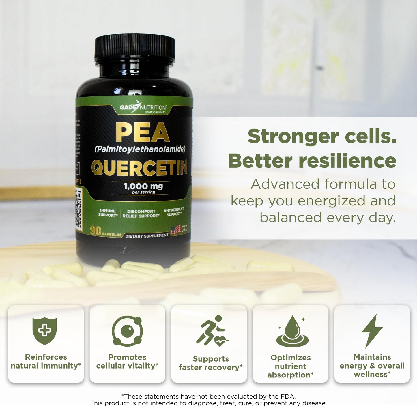 Gade Nutrition Palmitoylethanolamide PEA + Quercetin Phytosome | 800 mg PEA, 200 mg Quercetin | Made in USA
