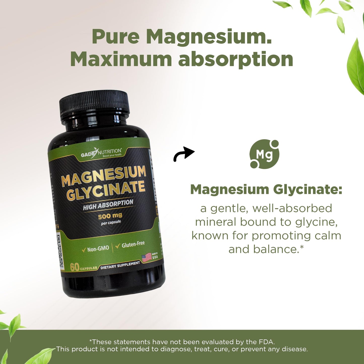 Gade Nutrition Pure Magnesium Glycinate | Magnesium Supplement as Calm Magnesium for Sleep | Magnesium Complex Supplement in Capsules Made wih Magnesium Glycinate Powder - or Calm Magnesium Powder