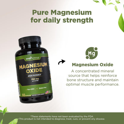 Gade Nutrition Pure Magnesium Oxide 750 mg – Magnesium Capsule Supplement Made in USA | Sleep & Muscle Support