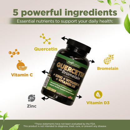 Quercetin with Bromelain, Vitamin C & D3 + Zinc – Immune Support Capsules | Made in USA
