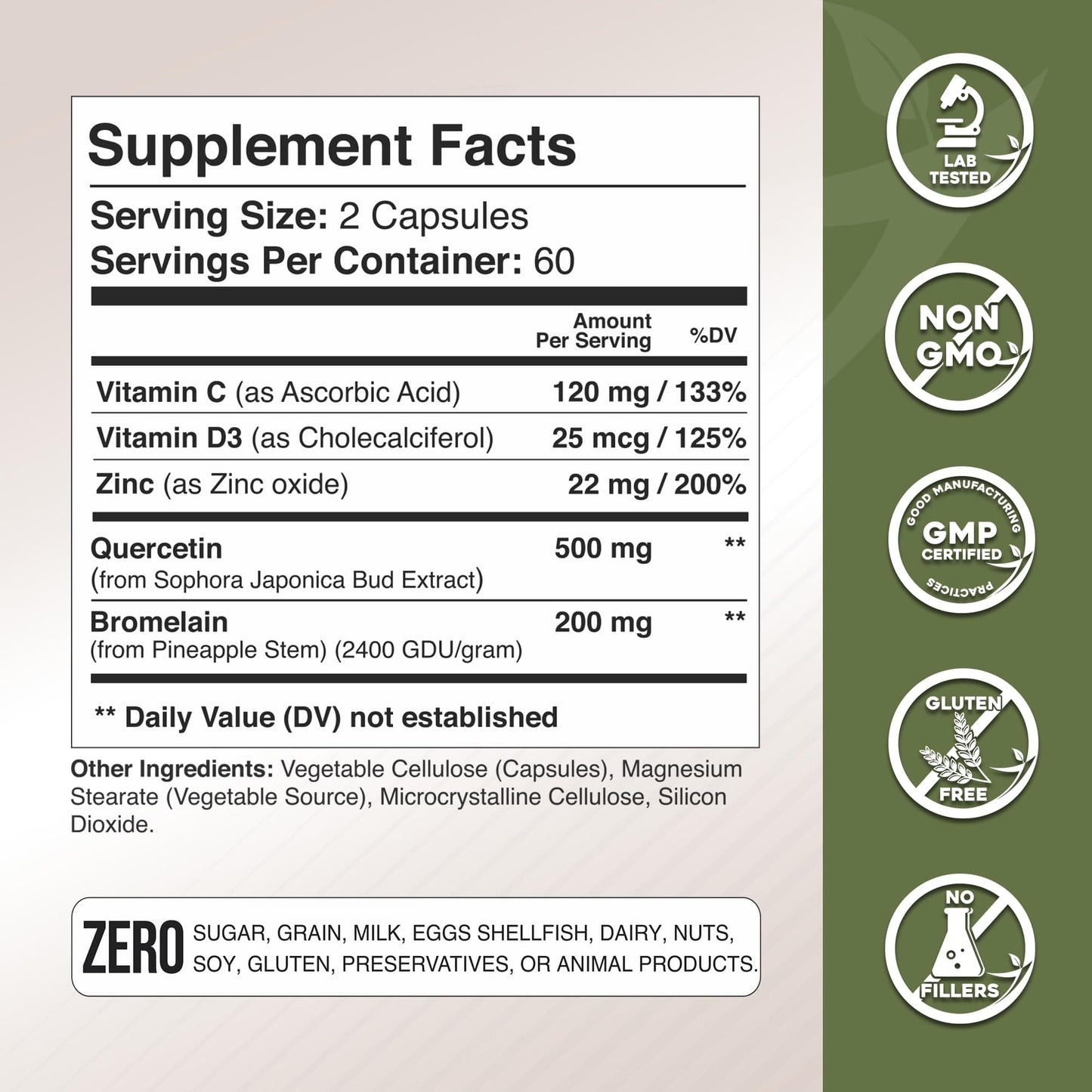 Quercetin with Bromelain, Vitamin C & D3 + Zinc – Immune Support Capsules | Made in USA