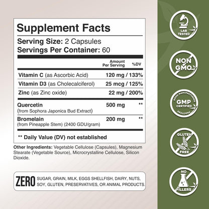 Quercetin with Bromelain, Vitamin C & D3 + Zinc – Immune Support Capsules | Made in USA