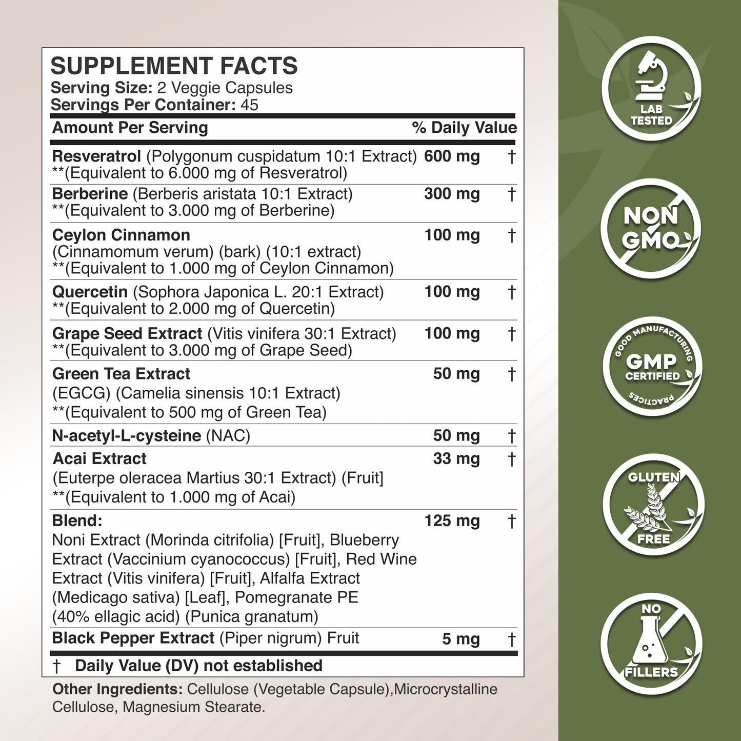 Gade Nutrition 14 in 1 Antioxidant Complex - Resveratrol, Berberine, Quercetin, Grape Seed, Green Tea, NAC, Cinnamon - Made in USA