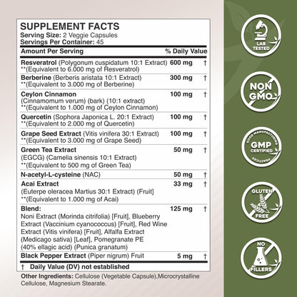 Gade Nutrition 14 in 1 Antioxidant Complex - Resveratrol, Berberine, Quercetin, Grape Seed, Green Tea, NAC, Cinnamon - Made in USA