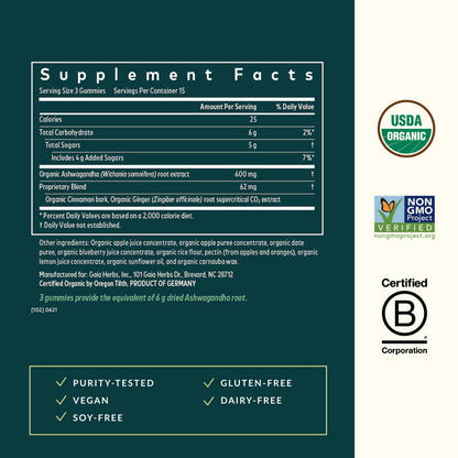 Gaia Herbs Organic Ashwagandha Gummies - Stress Support* | Cinnamon & Ginger - Gluten Free & Vegan - 45 Count