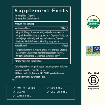 Gaia Herbs Everyday Immune Mushrooms & Herbs — Immune Support (60 Vegan Capsules)