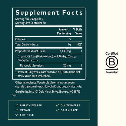 Gaia Herbs Ginkgo Leaf | Brain Health & Circulation | 60 Vegan Liquid Phyto-Capsules