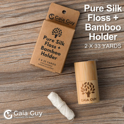 Gaia Guy Silk Dental Floss with Bamboo Holder – 2x33yds, Compostable Pure Silk, Refill & Reusable Case | Plastic-Free