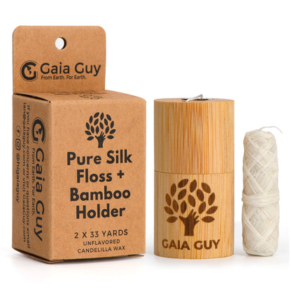 Gaia Guy Silk Dental Floss with Bamboo Holder – 2x33yds, Compostable Pure Silk, Refill & Reusable Case | Plastic-Free