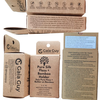 Gaia Guy Silk Dental Floss with Bamboo Holder – 2x33yds, Compostable Pure Silk, Refill & Reusable Case | Plastic-Free
