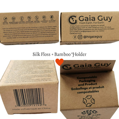 Gaia Guy Silk Dental Floss with Bamboo Holder – 2x33yds, Compostable Pure Silk, Refill & Reusable Case | Plastic-Free