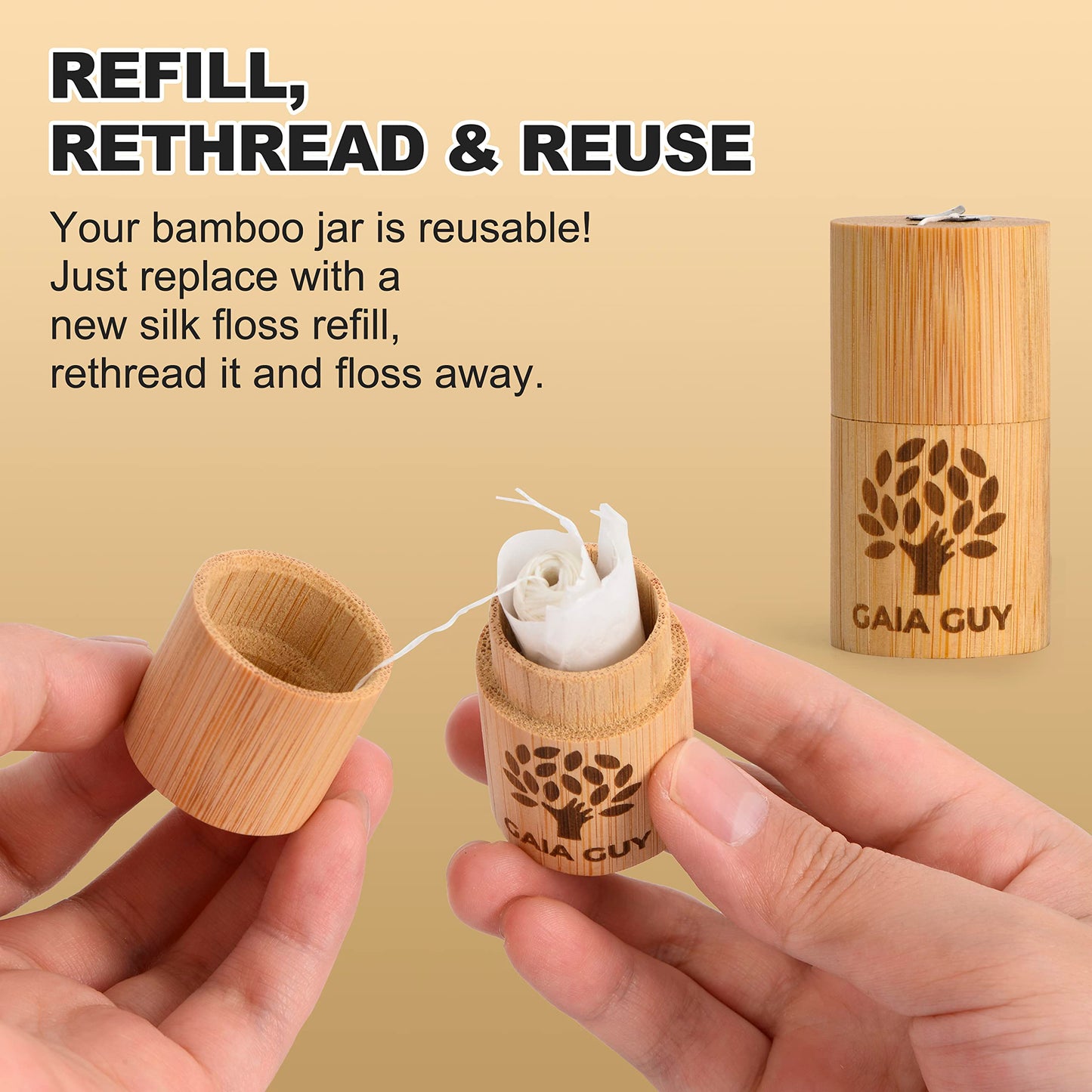 Gaia Guy Silk Dental Floss with Bamboo Holder – 2x33yds, Compostable Pure Silk, Refill & Reusable Case | Plastic-Free