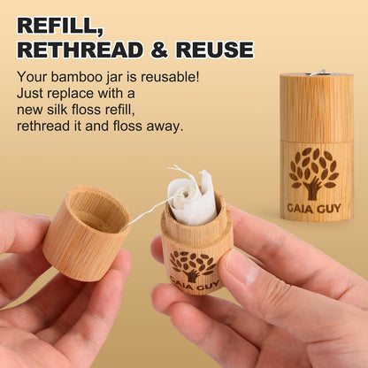 Gaia Guy Silk Dental Floss with Bamboo Holder – 2x33yds, Compostable Pure Silk, Refill & Reusable Case | Plastic-Free
