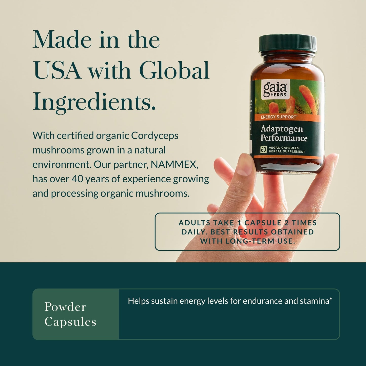 Gaia Herbs Adaptogen Performance Mushrooms & Herbs – Energy Support (60 Vegan Capsules)