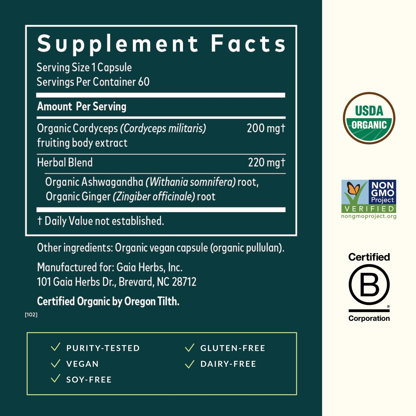 Gaia Herbs Adaptogen Performance Mushrooms & Herbs – Energy Support (60 Vegan Capsules)