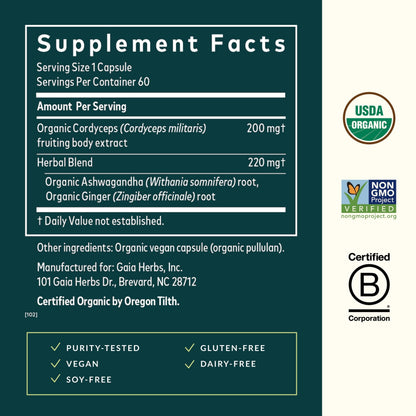 Gaia Herbs Adaptogen Performance Mushrooms & Herbs – Energy Support (60 Vegan Capsules)