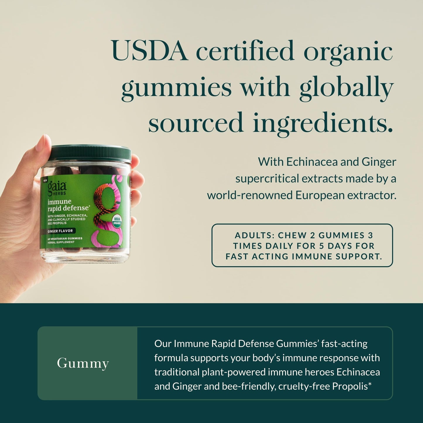 Gaia Herbs Organic Immune Rapid Defense Gummies - Propolis, Ginger & Echinacea - 60 Vegan