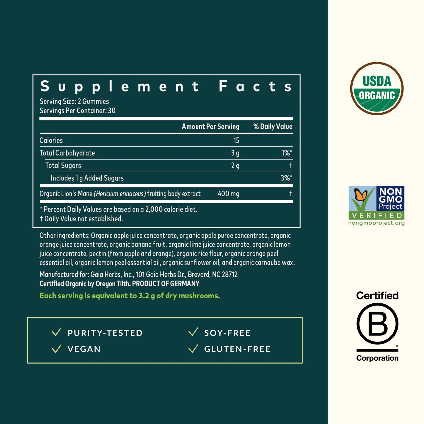 Gaia Herbs Lion's Mane Mushroom – Organic Brain Support Gummies, Gluten Free, Soy Free & Dairy Free, 60 Vegan Gummies (30 Servings)