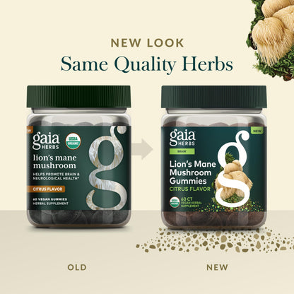 Gaia Herbs Lion's Mane Mushroom – Organic Brain Support Gummies, Gluten Free, Soy Free & Dairy Free, 60 Vegan Gummies (30 Servings)