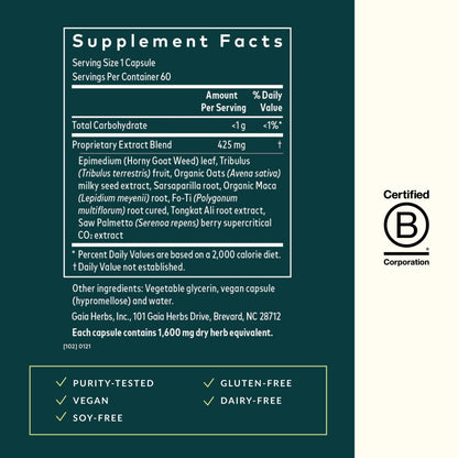 Gaia Herbs Male Libido - Herbal Supplement with Saw Palmetto, Horny Goat Weed, Maca & Oats - Supports Stamina, Vitality & Hormone Balance for Men - 60 Vegan Liquid Phyto-Capsules (20-Day Supply)