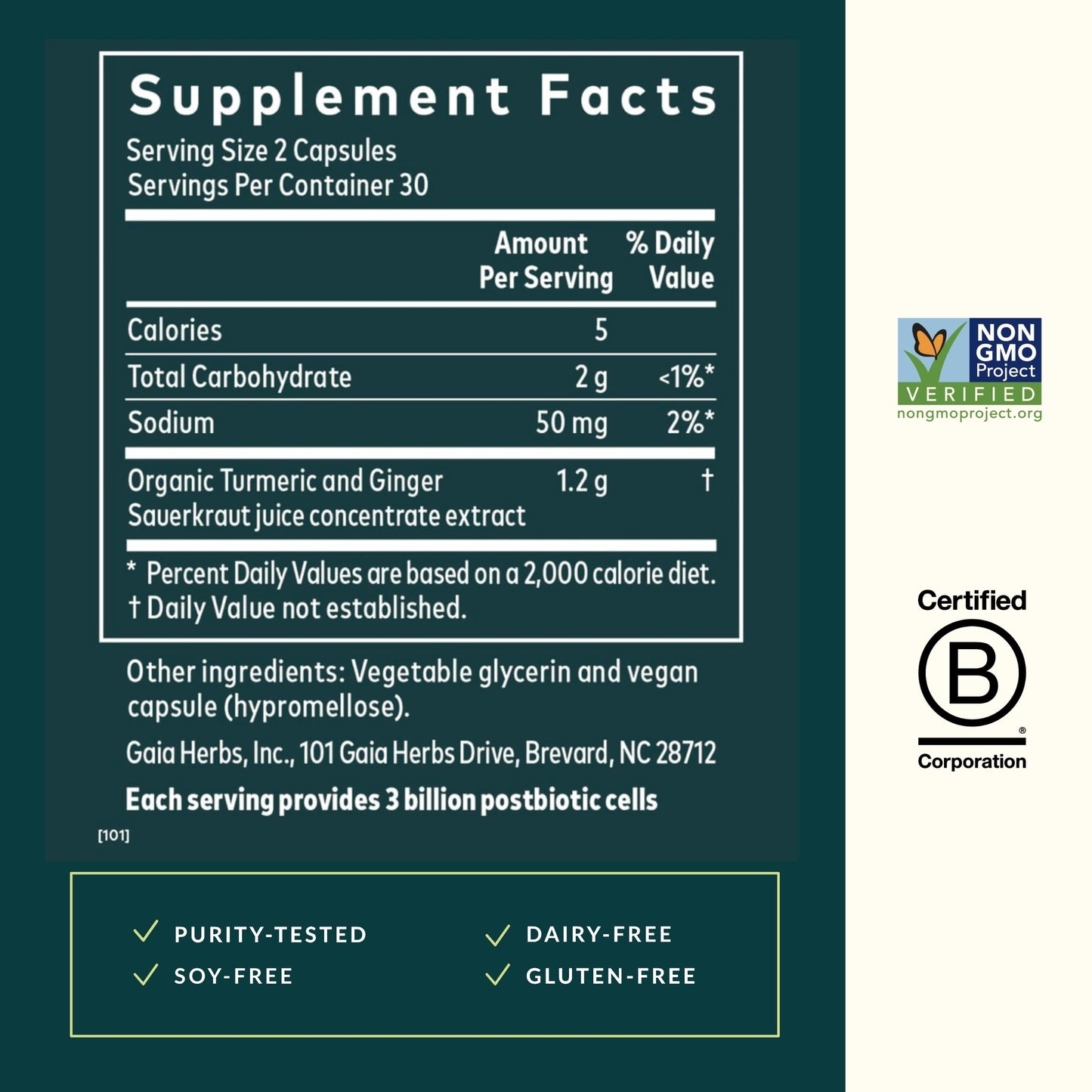 Gaia Herbs Ginger-Turmeric Postbiotic – Premium Digestive Support (Fermented Turmeric & Ginger) – 60 Vegan Capsules
