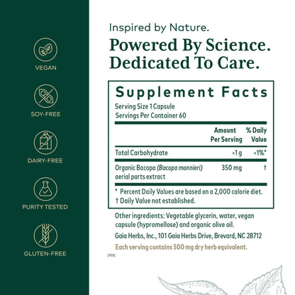 GAIA HERBS PRO Bacopa – Brain Health & Nootropic Support – 60 Liquid Phyto-Caps (30 Servings)