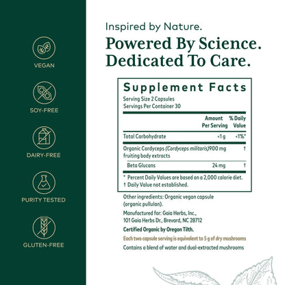 GAIA HERBS PRO Cordyceps Mushroom - 60 Caps | 5,000 mg per 2 Caps | Adaptogenic Energy