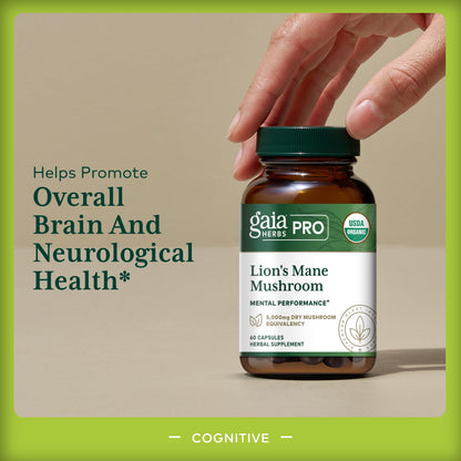 Gaia Herbs PRO Lions Mane Mushroom - Brain Health, 2,500mg/Serving, 60 Capsules, Organic