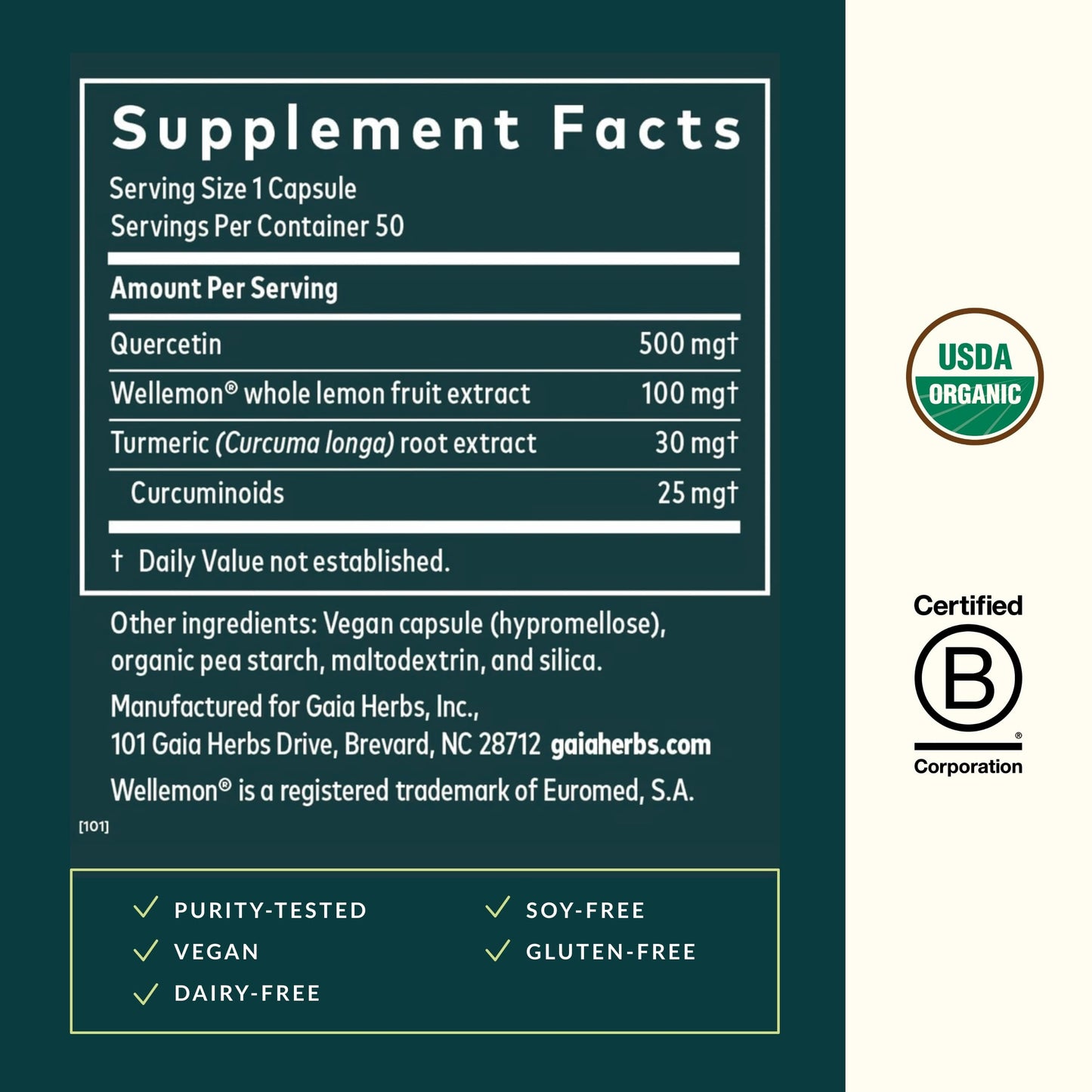 Gaia Herbs Quercetin Synergy - Immunity Support with Lemon Extract - 50 Vegan Capsules