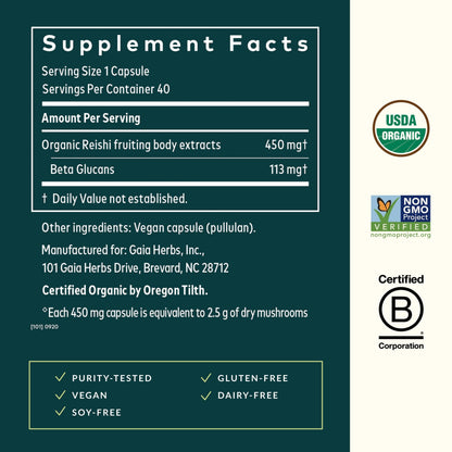 Gaia Herbs Reishi Mushroom: Immune & Heart Health | 40 Vegan Liquid Phyto-Capsules