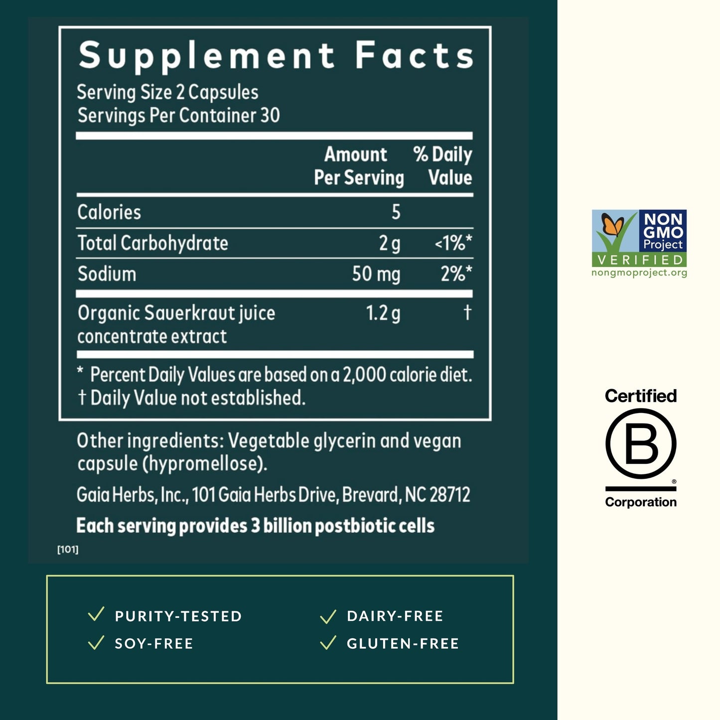 Gaia Herbs Sauerkraut Postbiotic - Natural Gut Health & Immune Support - 60 Vegan Capsules