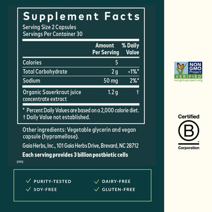 Gaia Herbs Sauerkraut Postbiotic - Natural Gut Health & Immune Support - 60 Vegan Capsules