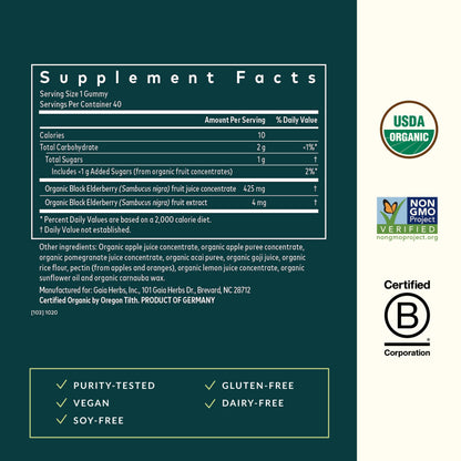 GaiaKids Black Elderberry Daily Gummies for Kids | Immune Support | Organic Elderberries | 40 Gummies