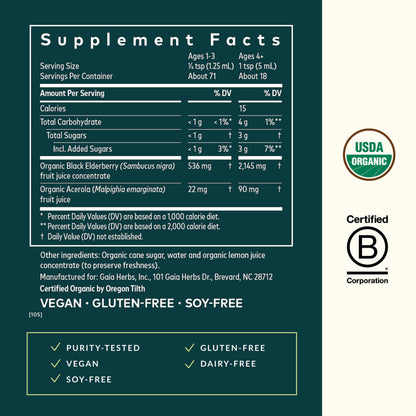 Gaia Herbs Black Elderberry Syrup - Organic Immune Support (3 oz, 18-Day Supply)