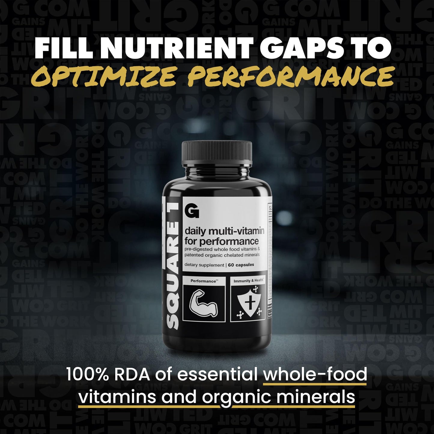 Gains in Bulk Square 1 Multivitamin with Organic Minerals – For Women & Men, 60 Capsules | Muscle Health, Performance & Immune Support