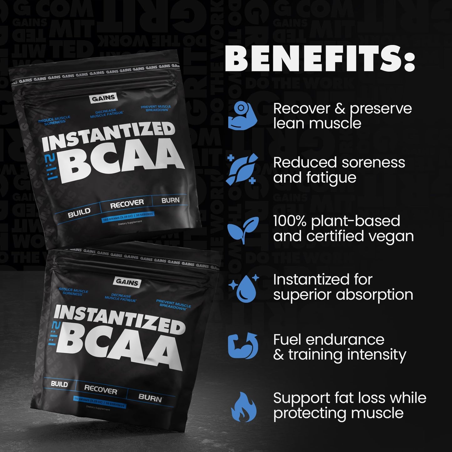 Gains in Bulk Plant-Based BCAA Powder – Vegan, Gluten-Free, Unflavored