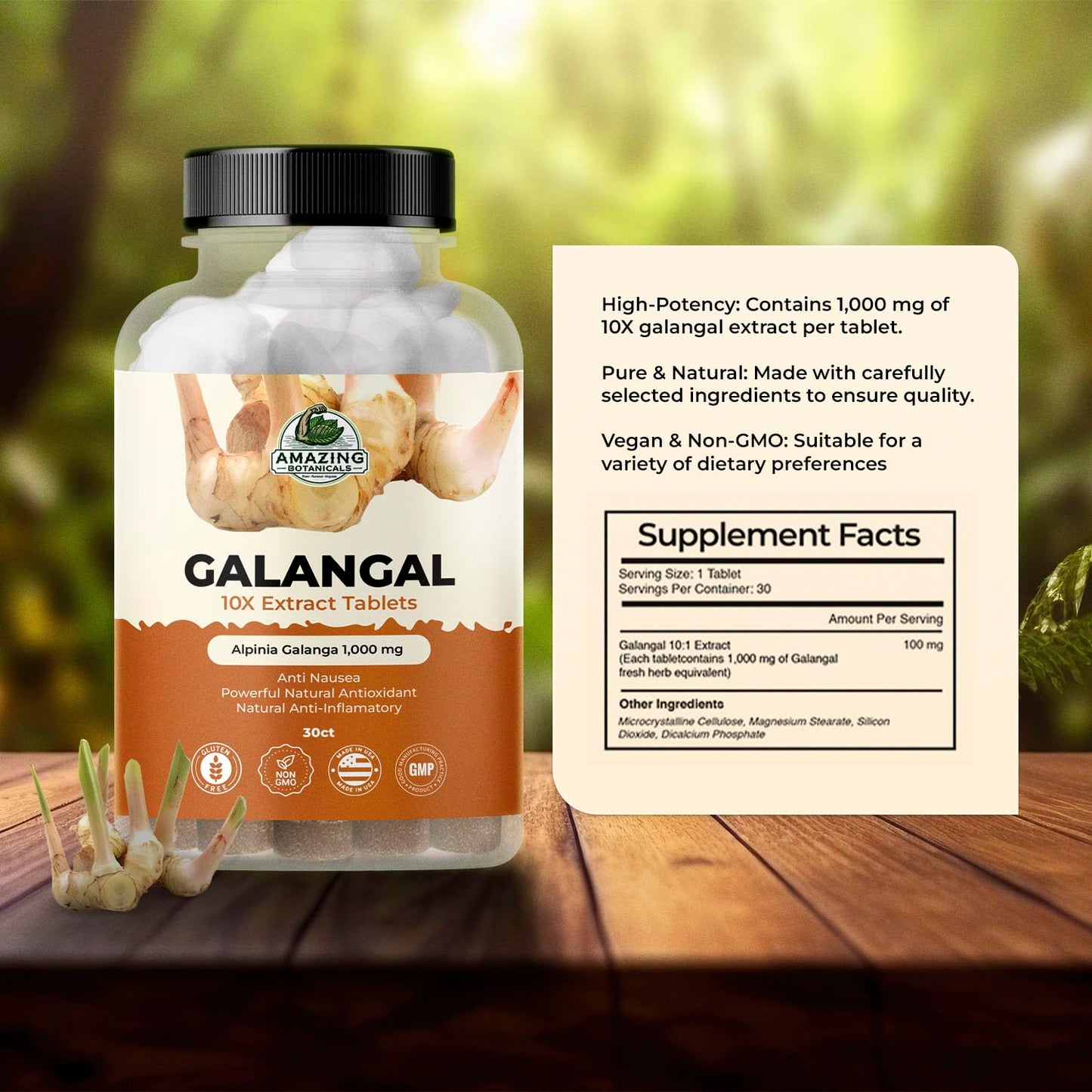 Galangal 10X Extract Tablets 1,000 mg – High-Potency Herbal Supplement – 30 Count – Vegan & Non-GMO