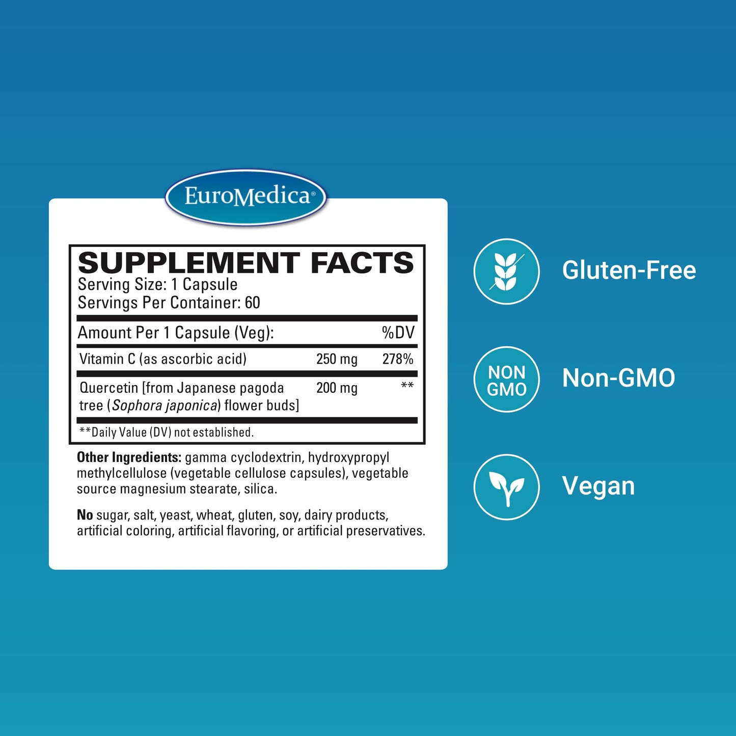 EuroMedica Quercetin Plus Vitamin C - Immune Support & Respiratory Health | 60 Capsules