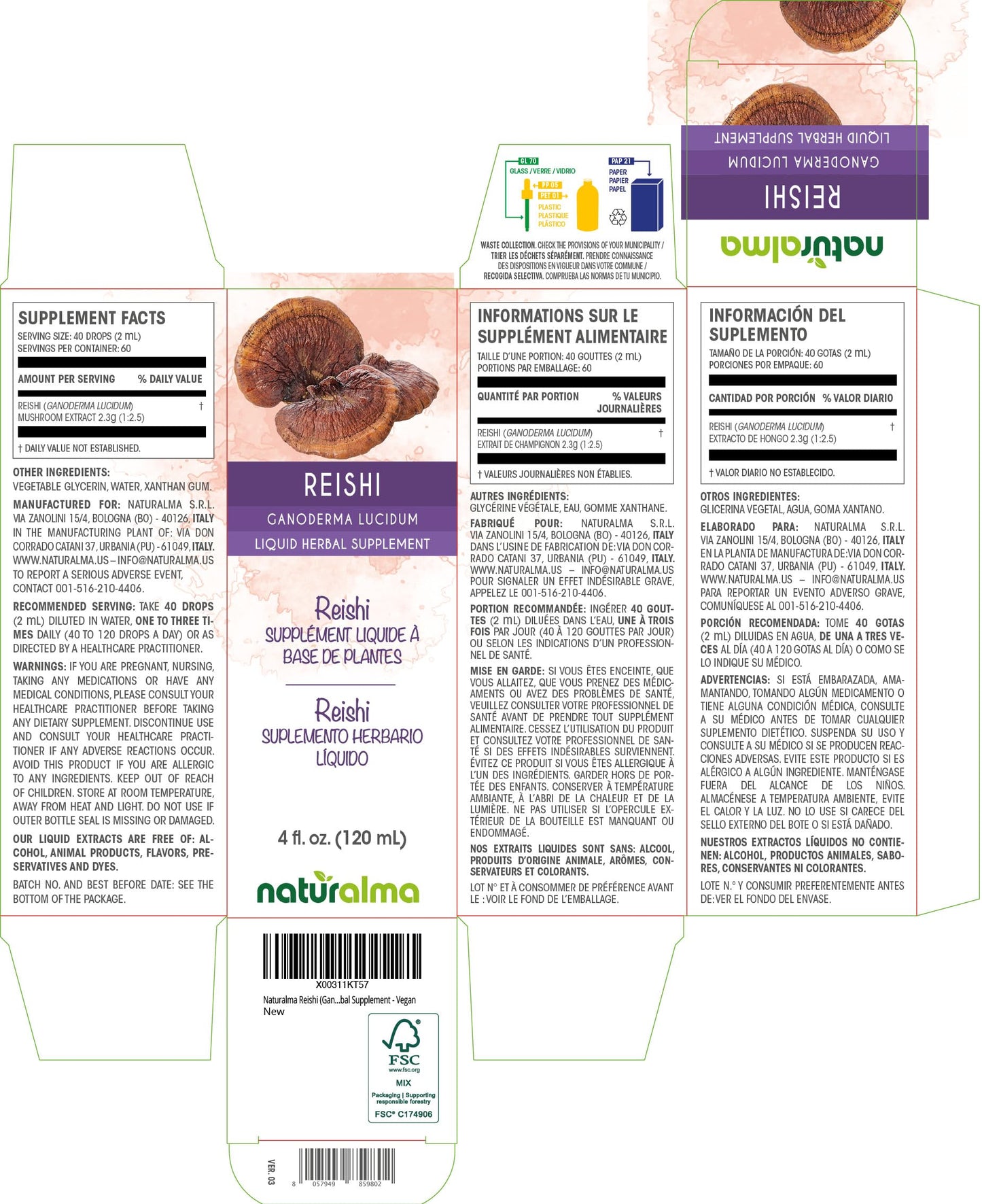Naturalma Reishi Alcohol-Free Tincture (Ganoderma lucidum) 4 oz – Vegan Liquid Extract