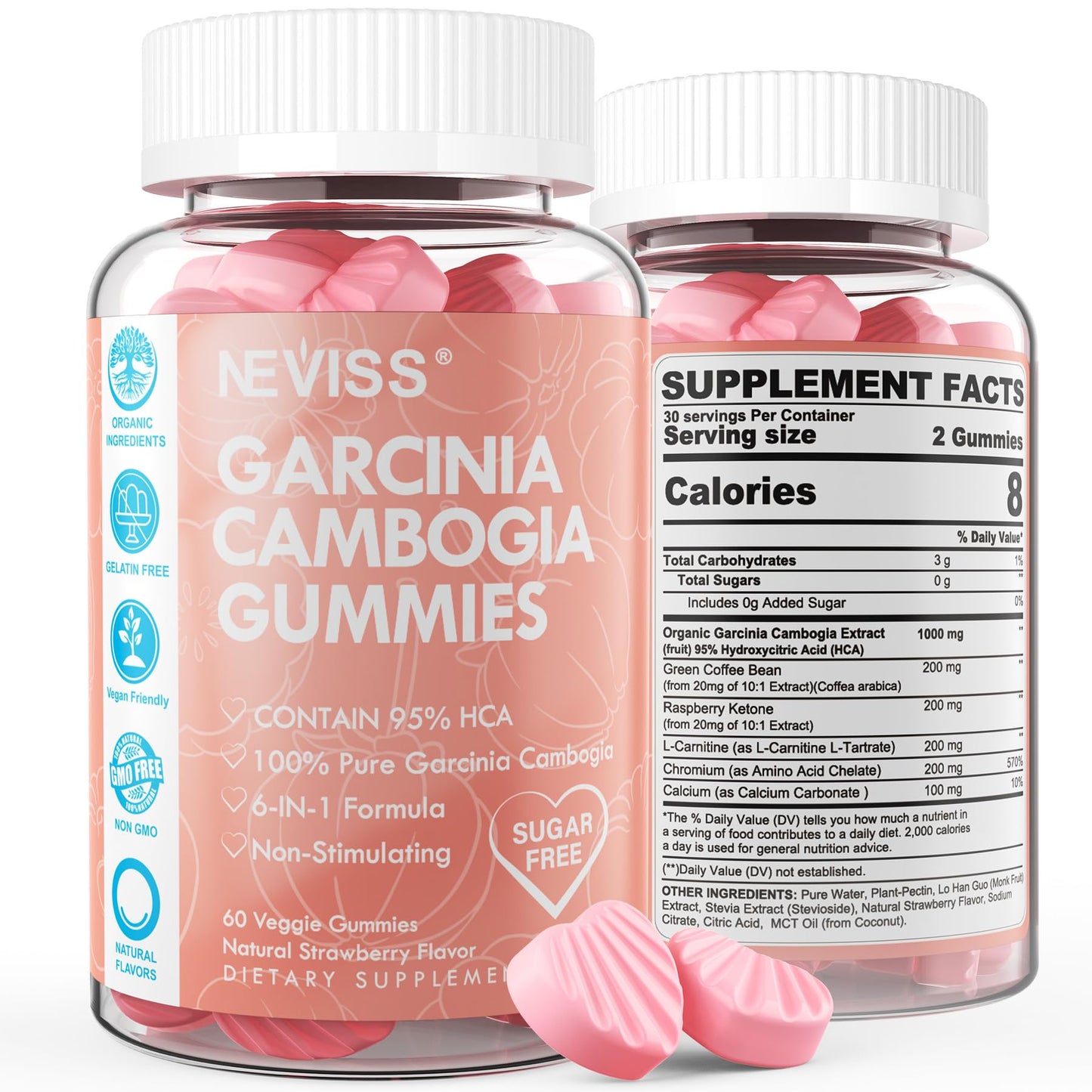 Sugar Free Garcinia Cambogia Gummies 1000mg – 95% HCA, Vegan, Strawberry, 60-Count
